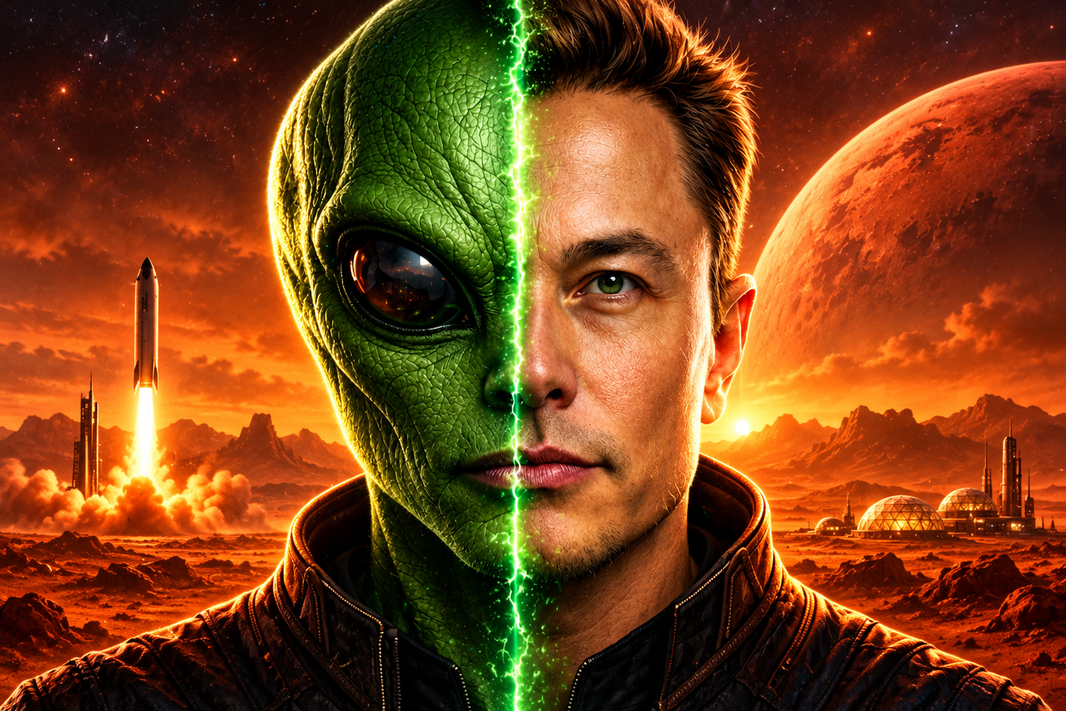 Outer World News exclusive Alien X leak image showing the split Alien X identity against Mars and Starship imagery